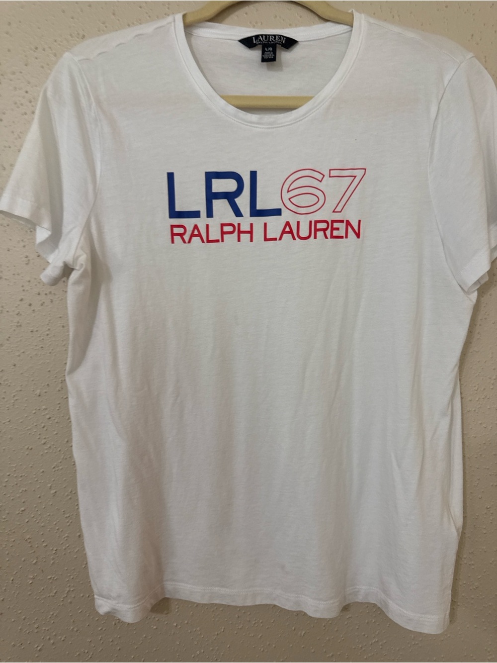Ralph Lauren White Short-Sleeve LRL67 Logo Tee with Blue & Red Print